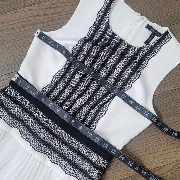BCBGMAXAZRIA Adelyn Pleated Lace Sleeveless Hi Low Dress in White & Black - Picture 15 of 16